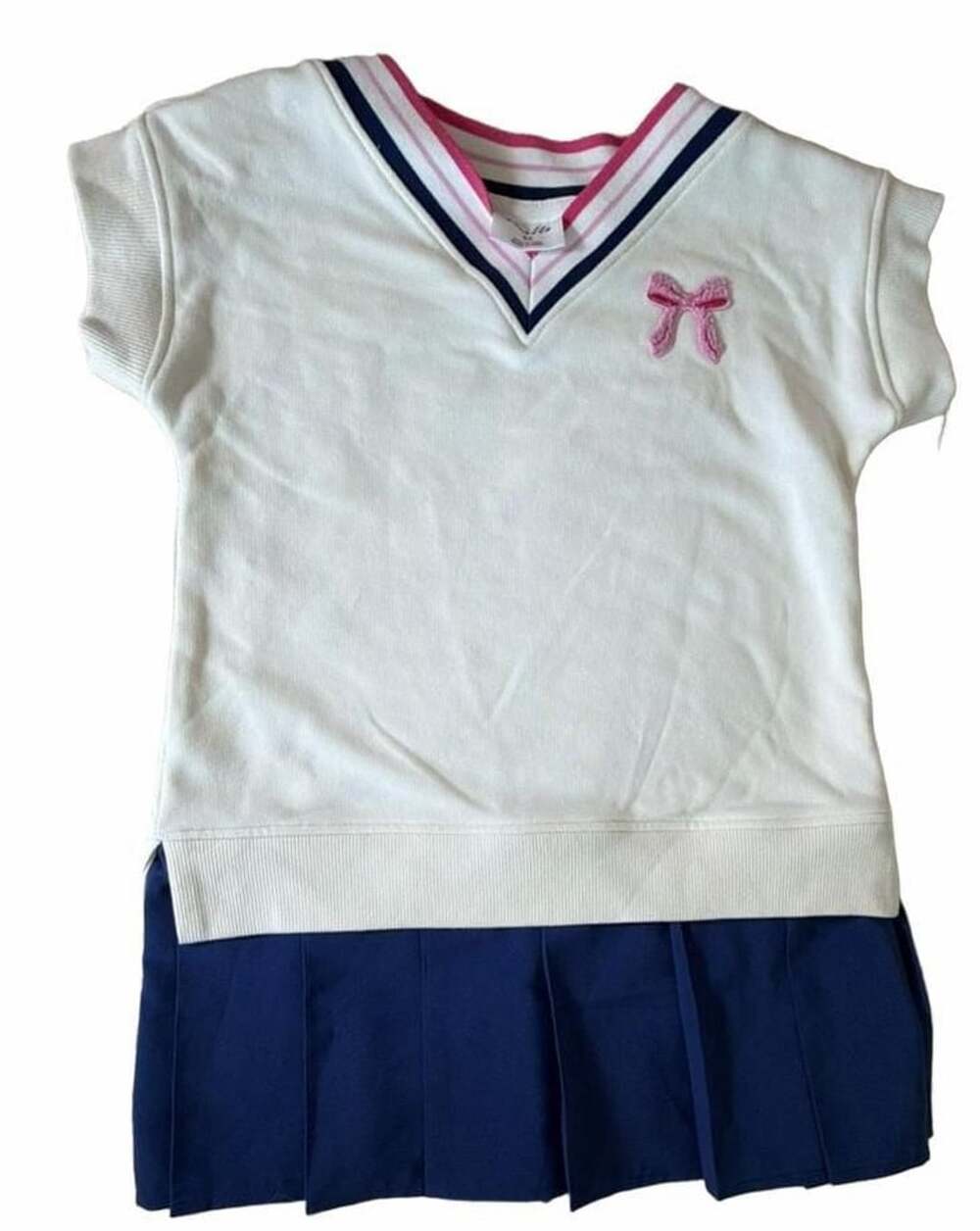 Owillo Mixed Media kids / Girls Extea small Pleated Dress Size XS White Navy Pin